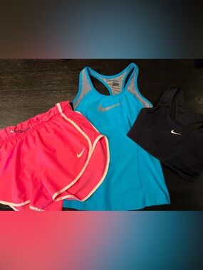 Nike Pink Shorts, Blue Tank, Black Sports Bra Active Wear size small